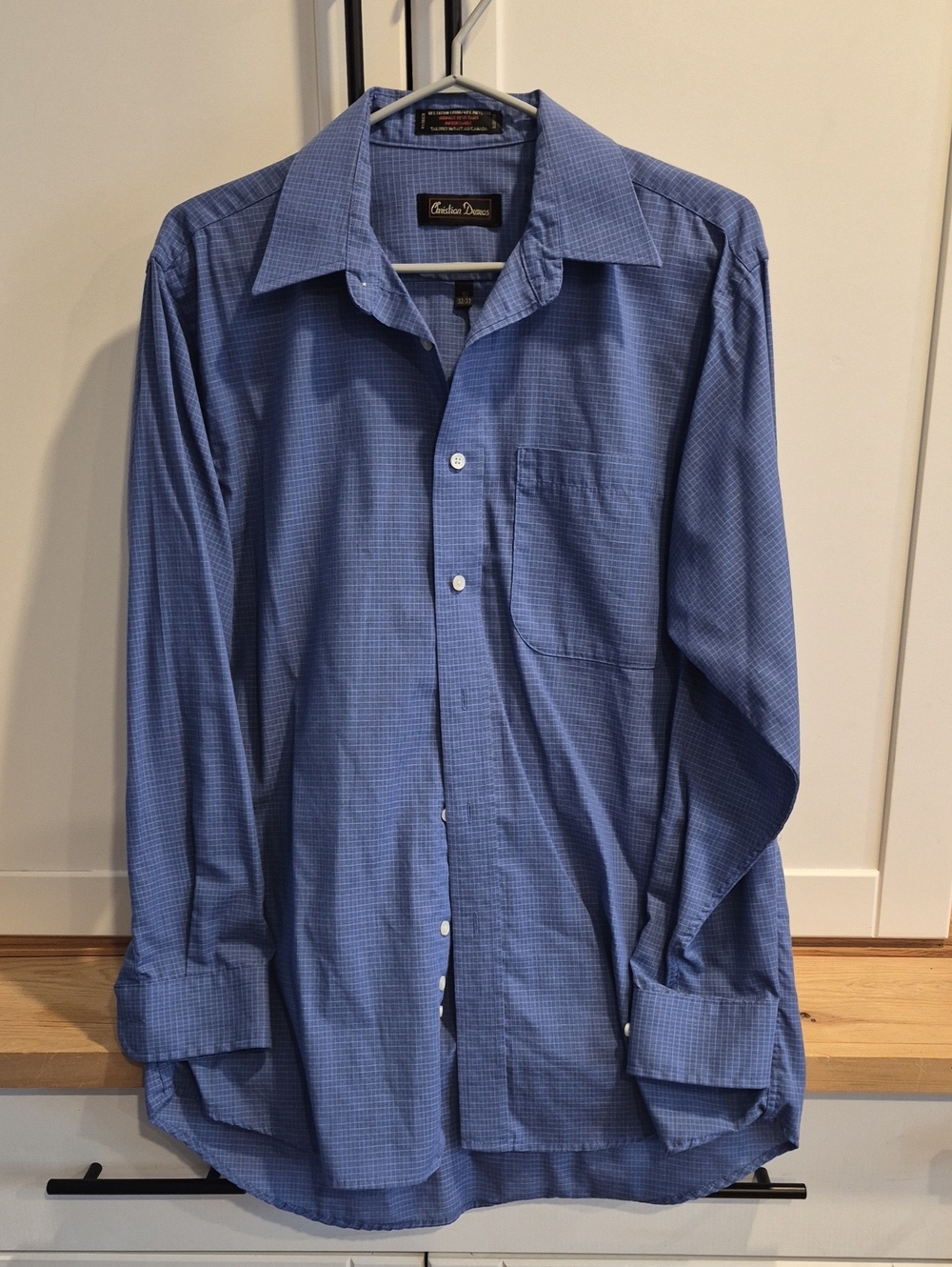 💙 Christian Dumas - Men's Blue Micro-Check Long Sleeve Dress Shirt